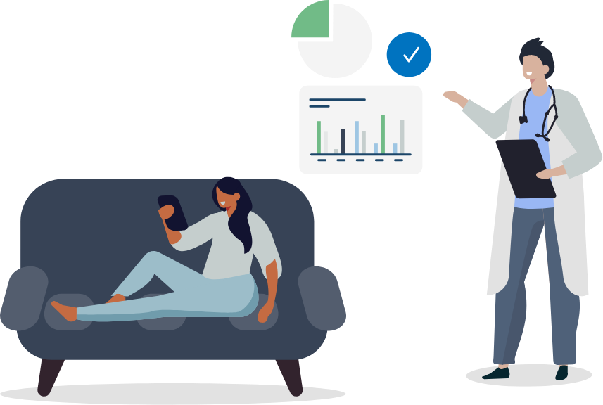 Die Illustration zeigt eine Frau auf einem Sofa und eine Ärztin/einen Arzt sowie verschiedene Symbole zum Thema Gesundheit.